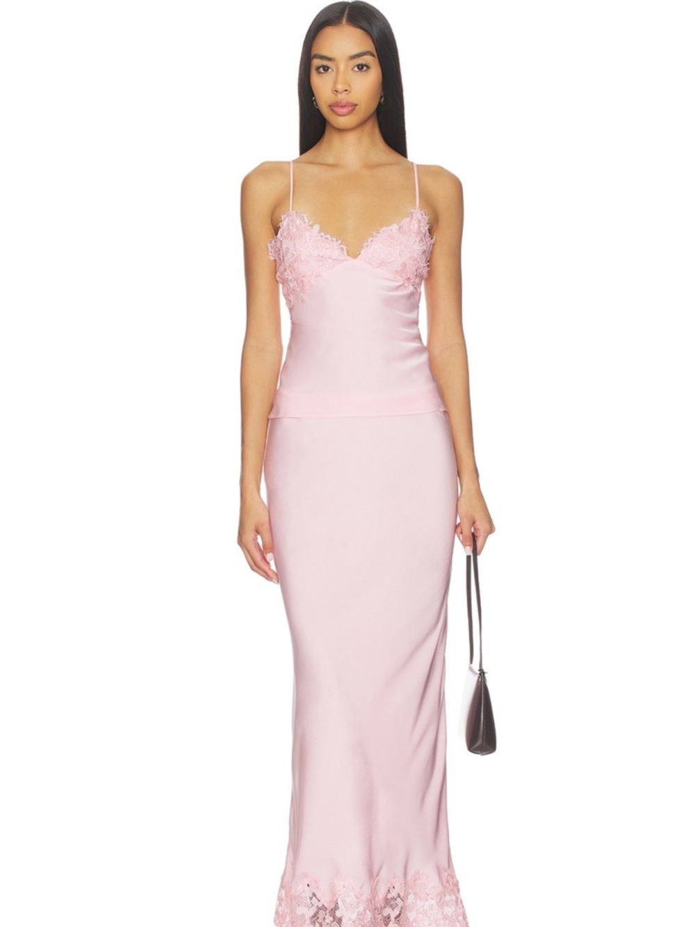 Bardot Pale Pink Satin Lace-Trim Slip Gown